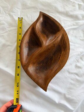 Hand-Carved Wooden Leaf-Shaped Divided Serving Tray 10.5" Long x 7" Wide Rustic